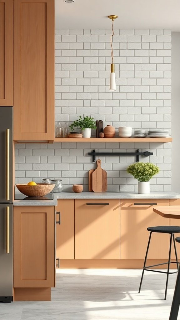 A modern kitchen featuring warm wood cabinets, a gray brick backsplash, and stylish decor.