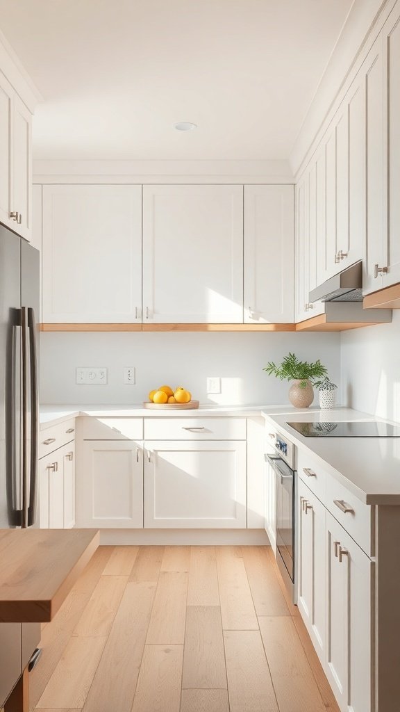 Bright kitchen with white cabinets and wooden accents