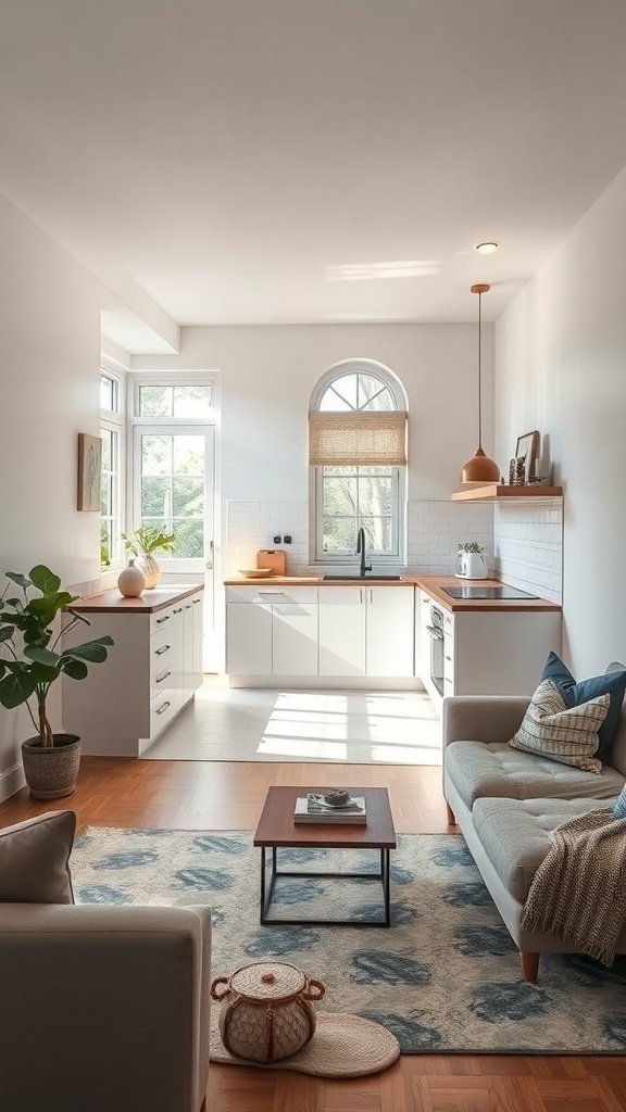 A small open concept kitchen with a living area, featuring bright light, modern cabinetry, and a cozy seating arrangement.