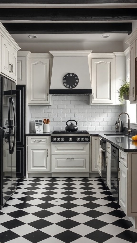 A stylish kitchen featuring black and white cabinets, a checkered floor, and modern appliances.