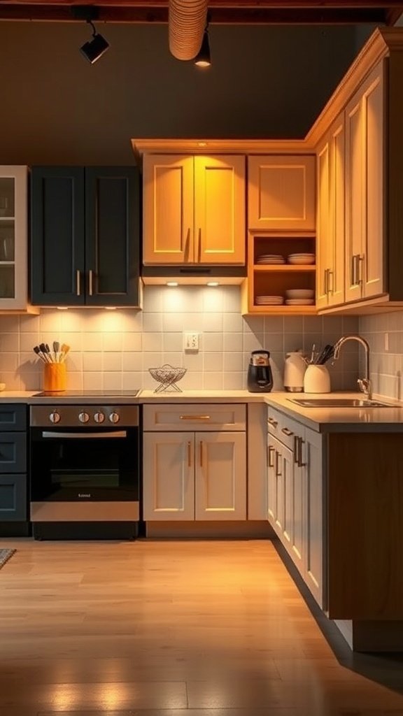 A kitchen featuring two-tone cabinets in dark blue and light wood, illuminated by warm lighting.