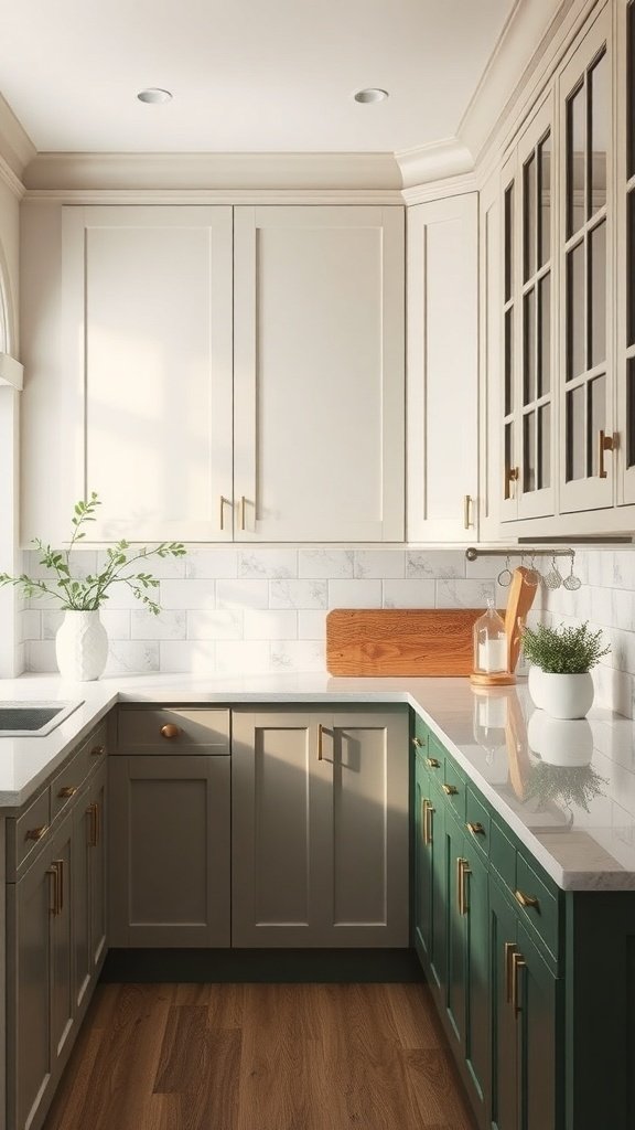 A modern kitchen featuring light upper cabinets and dark green lower cabinets, with white countertops and gold hardware.