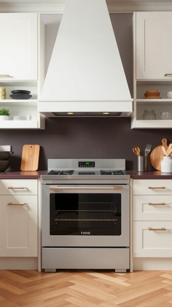 A modern kitchen featuring a stylish stainless steel range oven with a sleek design and a white hood above it.