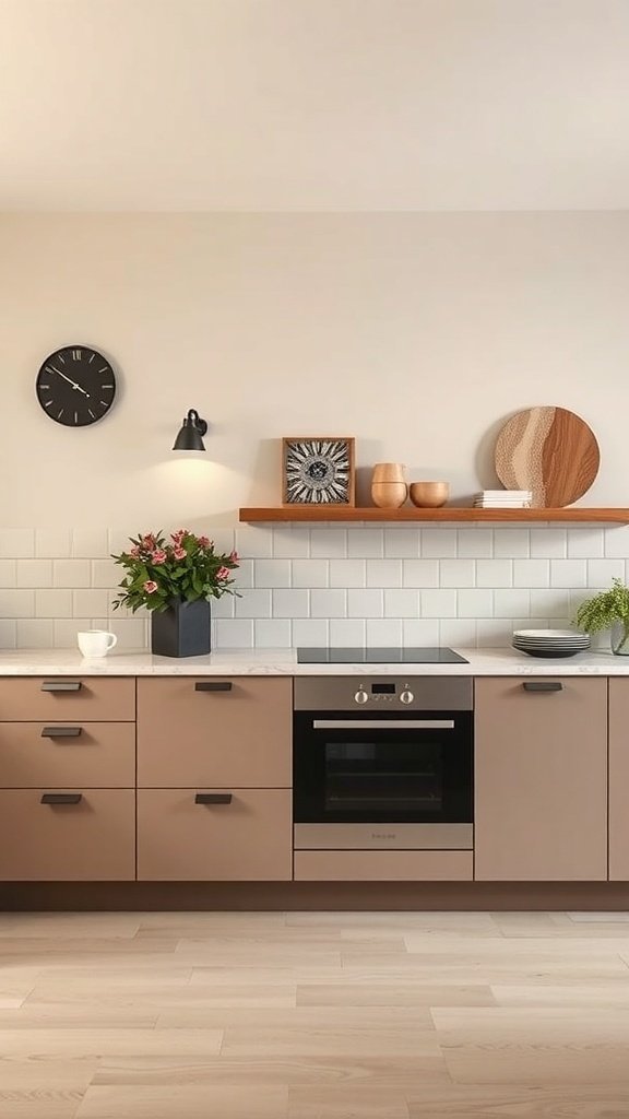 A beige kitchen with dark accents, featuring cabinets, a clock, and decorative items.