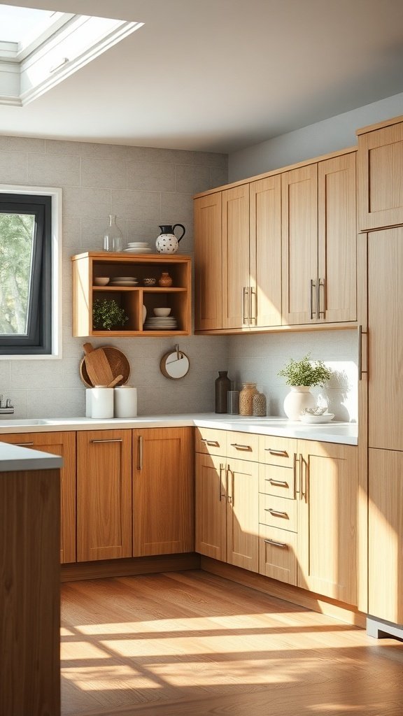 A modern kitchen featuring wooden cabinets and a bright, airy design.