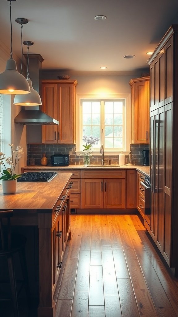A cozy kitchen featuring white oak cabinets, natural light from a window, and pendant lighting.