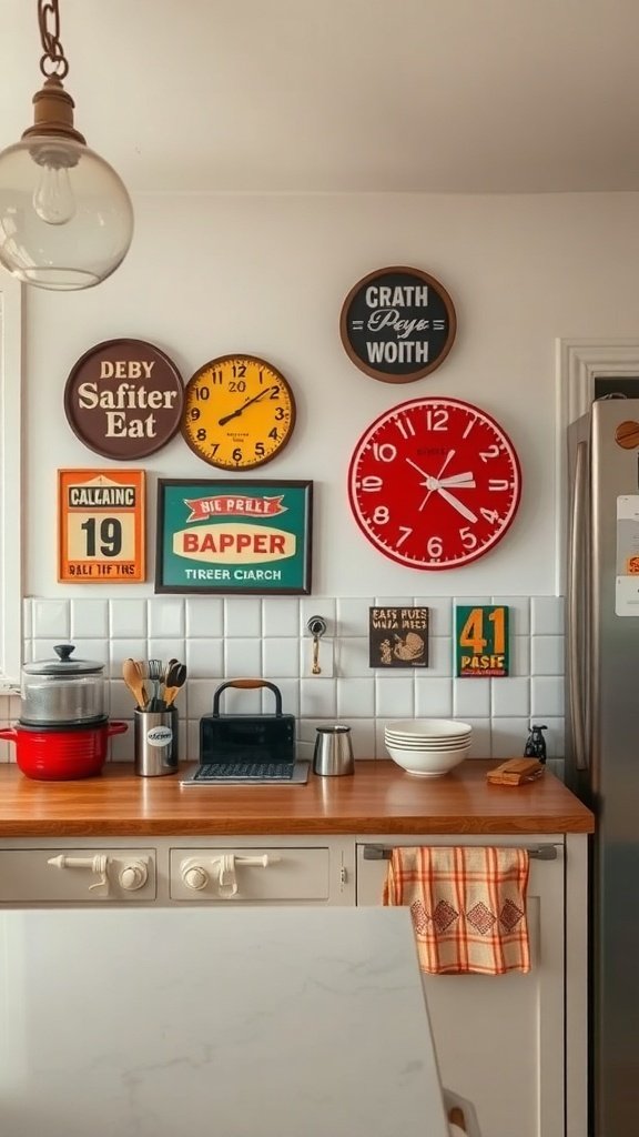A kitchen wall adorned with various vintage signs and clocks, showcasing a colorful and eclectic decor style.