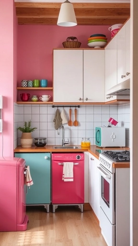 A small kitchen featuring colorful appliances including a pink refrigerator and dishwasher, with aqua and white cabinets, and vibrant dishware.
