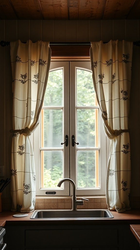 A rustic kitchen window with light floral curtains and a wooden frame