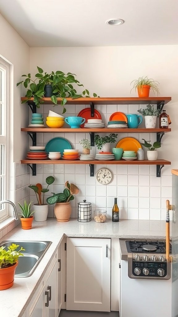 Colorful open shelving in a small kitchen with plants and kitchenware