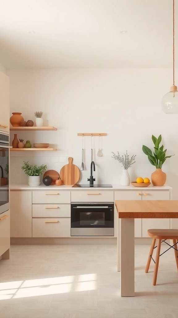 A modern beige kitchen featuring natural materials, plants, and energy-efficient appliances.