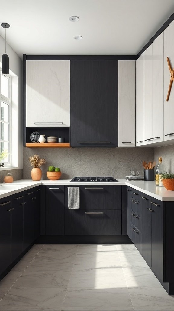 A modern kitchen featuring two-tone cabinets with textured finishes, showcasing a blend of dark and light colors.
