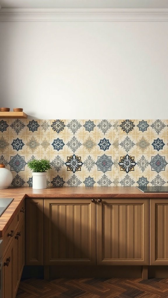 A kitchen backsplash featuring patterned cement tiles in blue and cream.