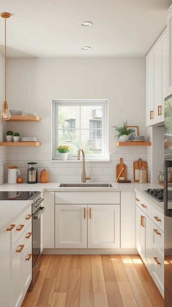 A modern kitchen with white cabinets, wood accents, and open shelves.