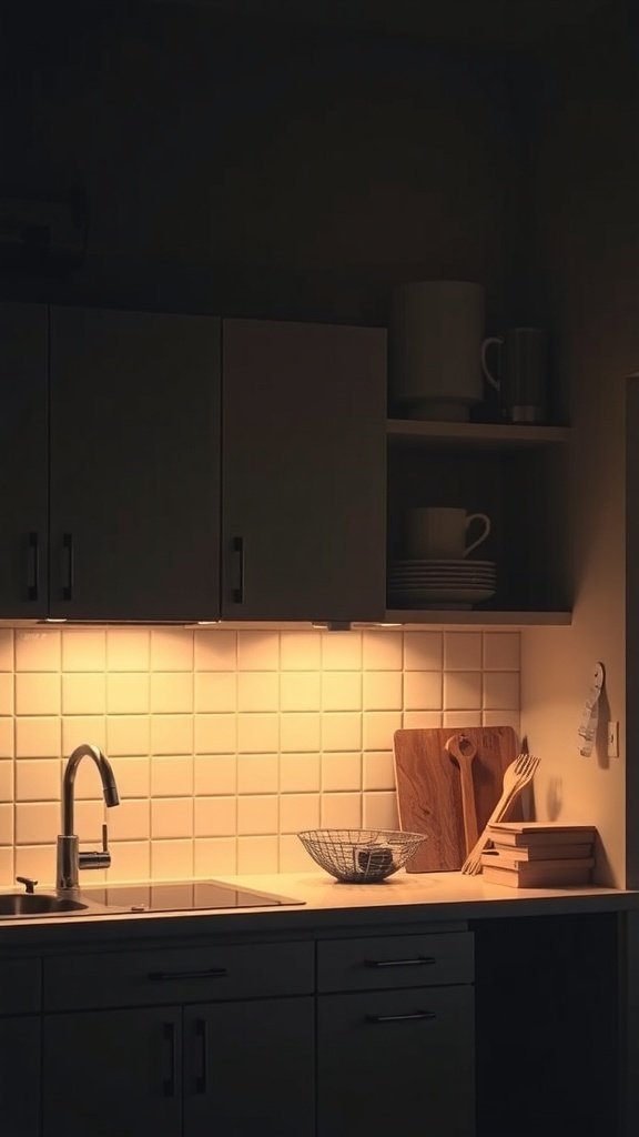 A kitchen with under-cabinet lighting illuminating the countertop and backsplash.