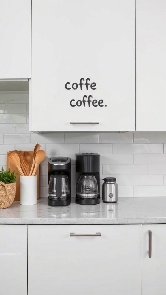 A simple coffee station in a kitchen with white cabinets and coffee machines.