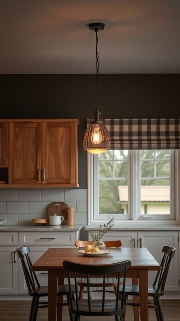 A cozy kitchen with a pendant light above a wooden dining table, featuring natural wood cabinets and a window.