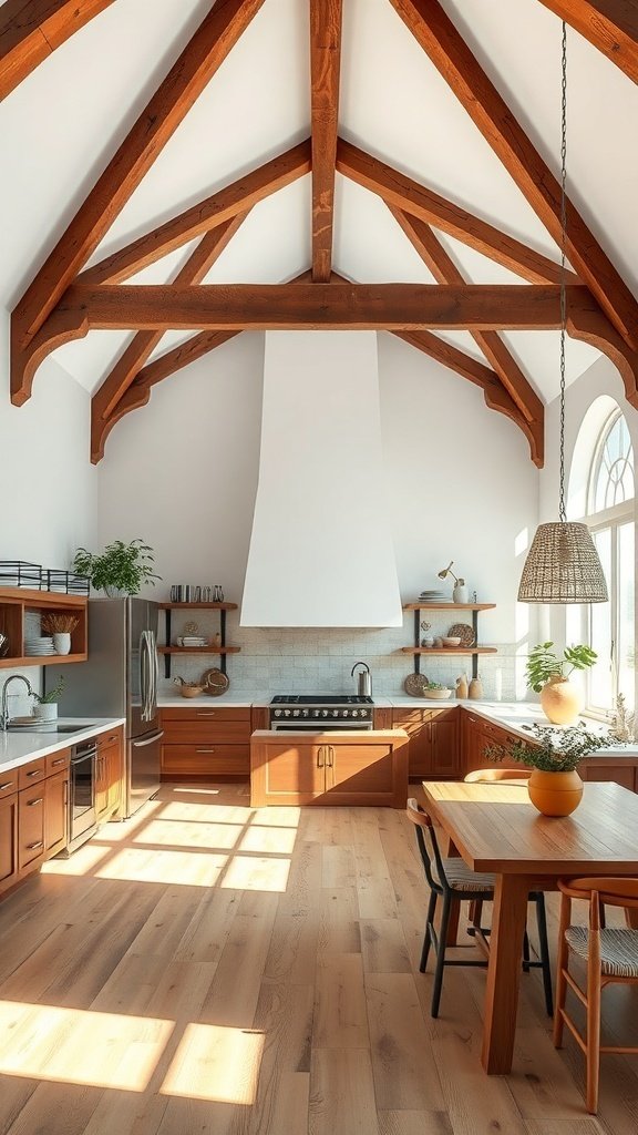 Open kitchen with vaulted ceiling and wooden beams, featuring a spacious island and natural light.