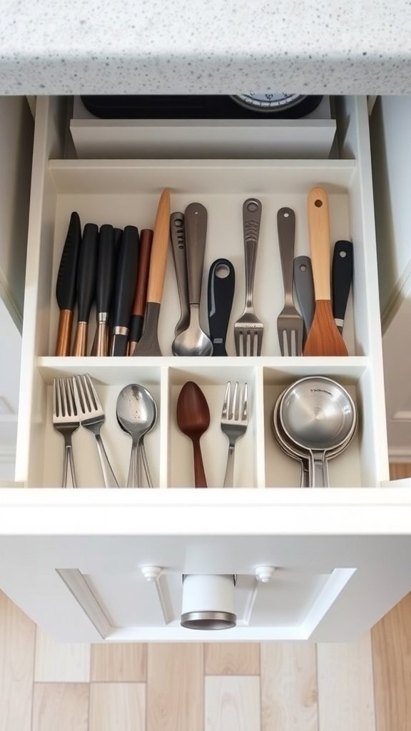 Organized kitchen drawer with utensils separated by dividers.