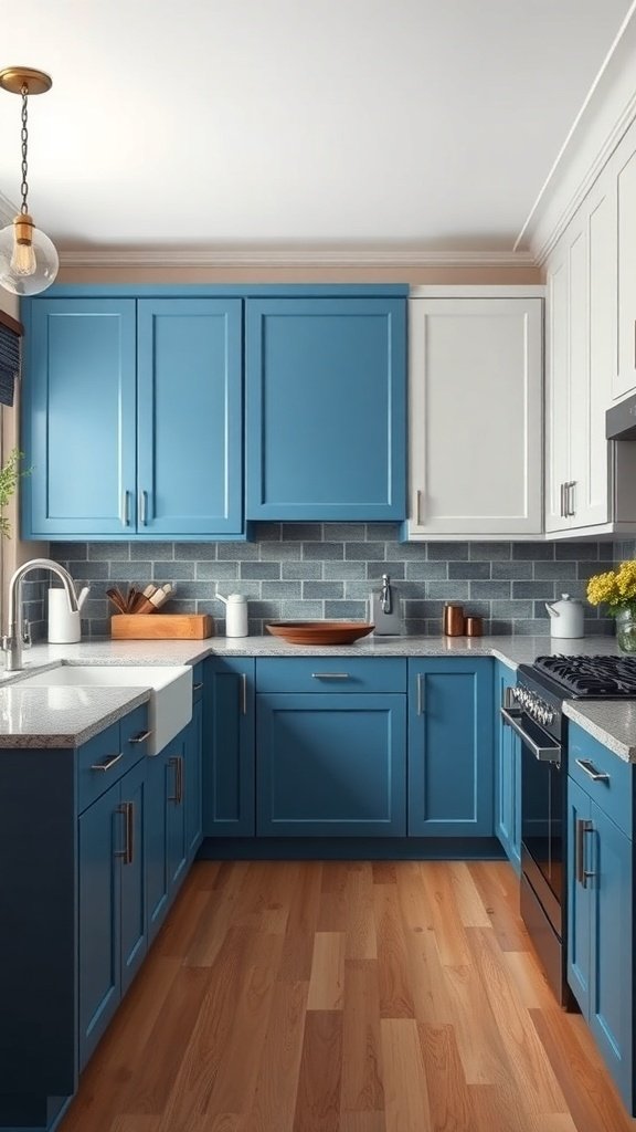 A modern kitchen featuring blue cabinets, a white countertop, and wooden accents.