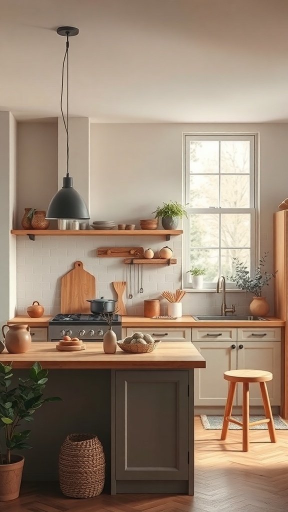A cozy kitchen featuring natural colors and textures, with wooden shelves, a potted plant, and warm lighting.