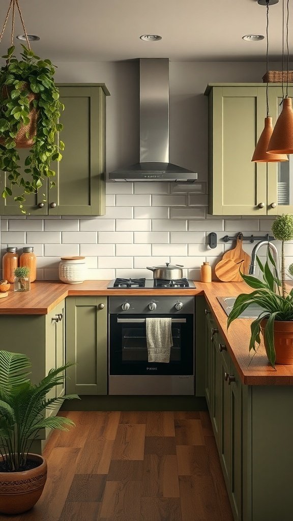 A cozy kitchen featuring subdued olive green cabinets, warm wood countertops, and hanging plants.
