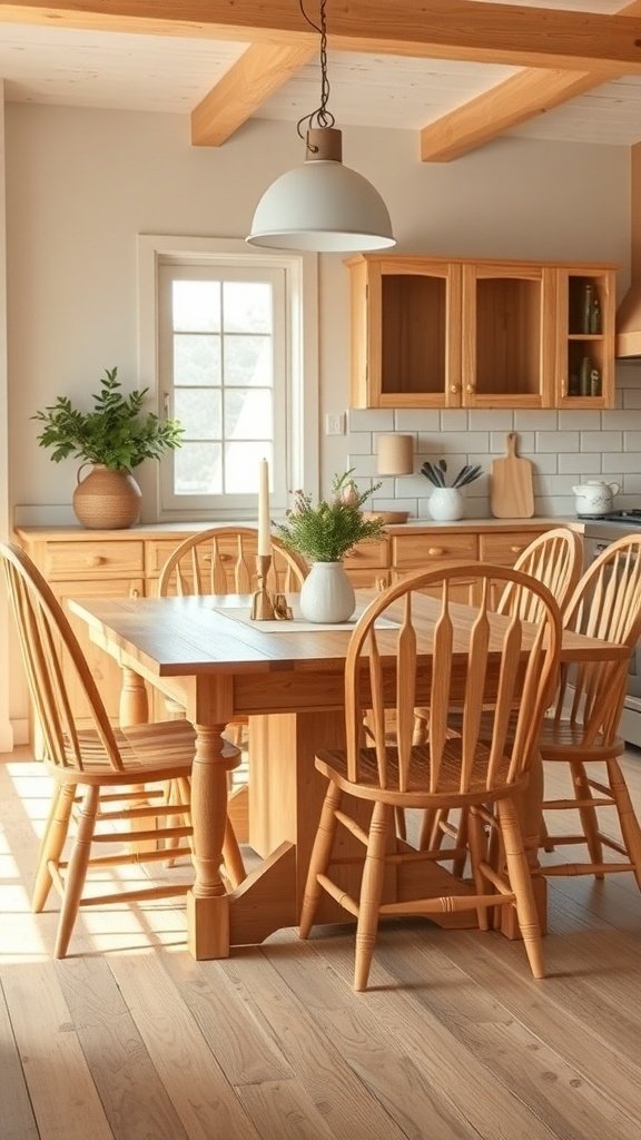 Natural wood dining chairs in a cozy cottage kitchen setting