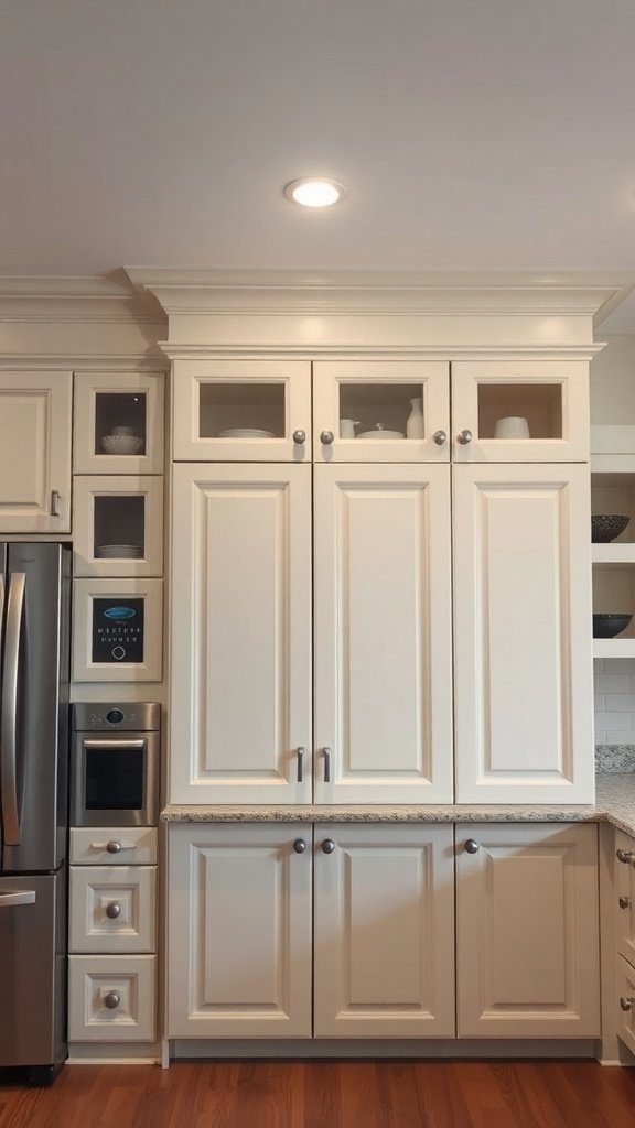Kitchen cabinets with crown molding, showcasing a polished and elegant design.