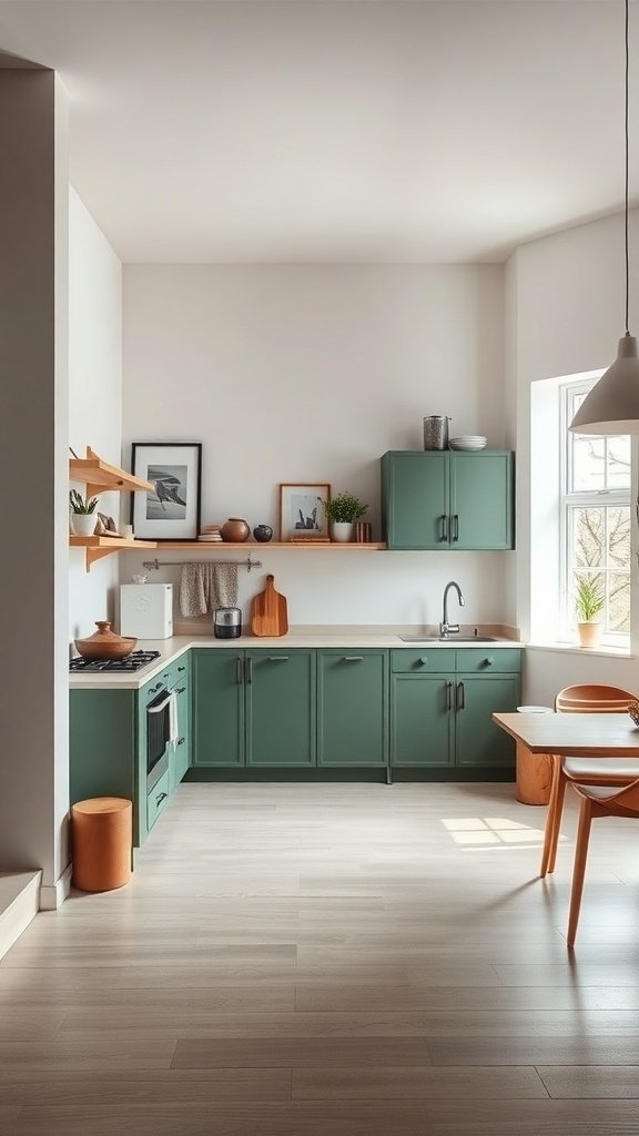 A minimalist kitchen featuring green cabinets, wooden shelves, and a light wood floor.