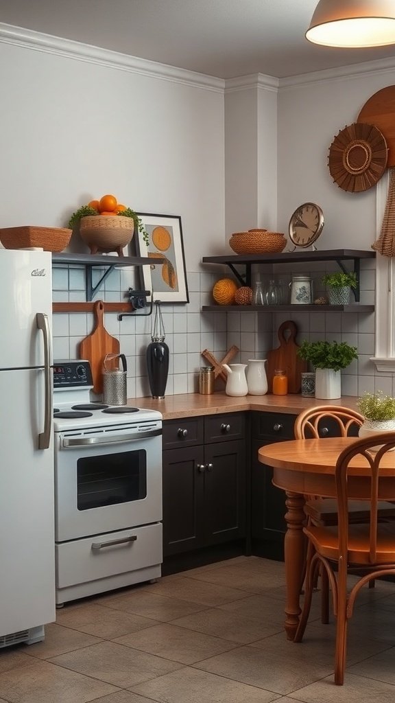 A cozy kitchen featuring a mix of modern appliances and vintage decor, with open shelving and a wooden table.
