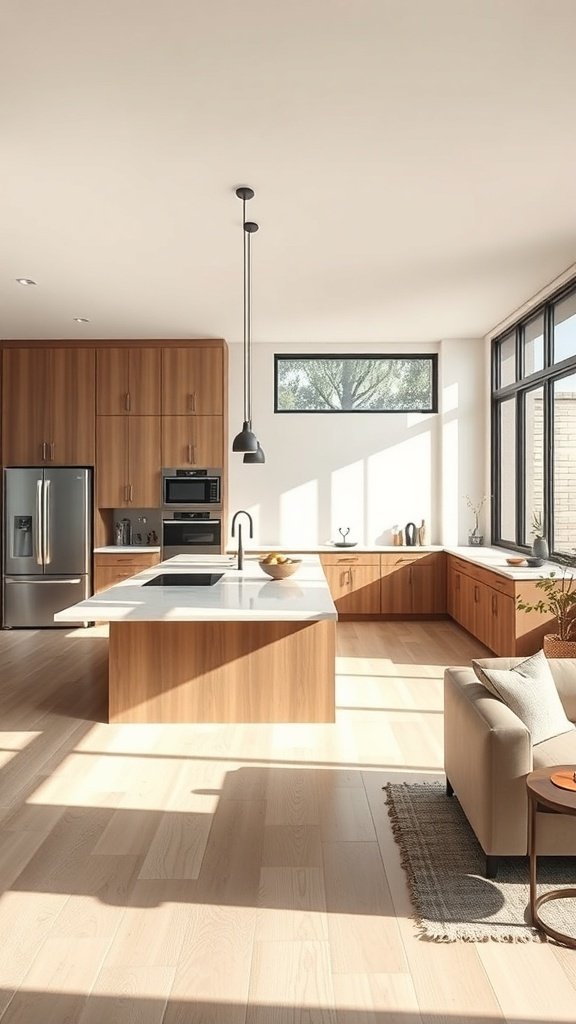 A modern kitchen with an open-concept layout featuring a central island, wooden cabinetry, and large windows.