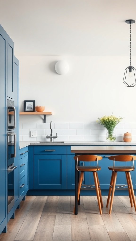 A modern kitchen featuring blue cabinets, a wooden table with stools, and smart technology elements.