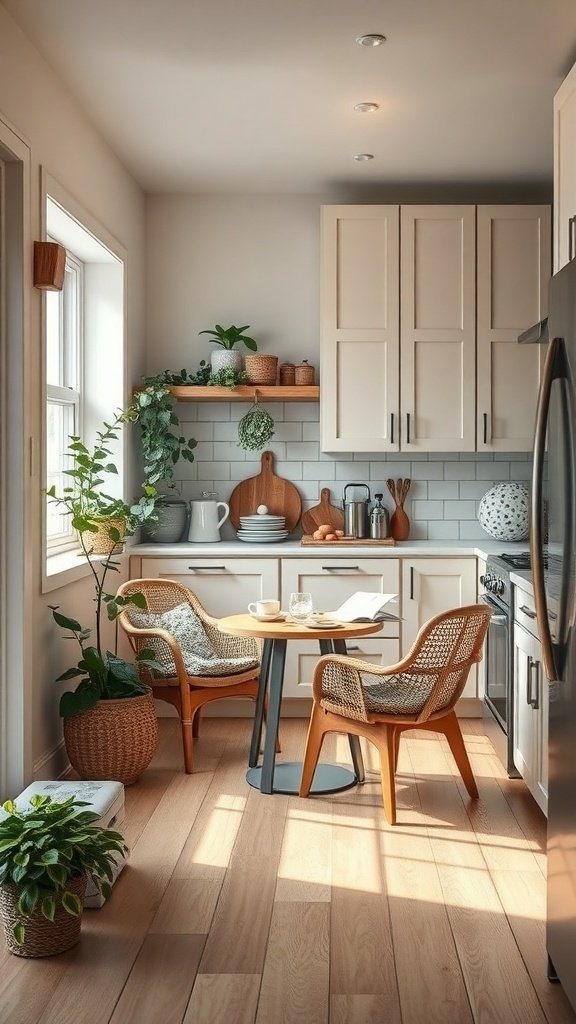 A cozy kitchen nook with two chairs and a small table, surrounded by plants and natural light.