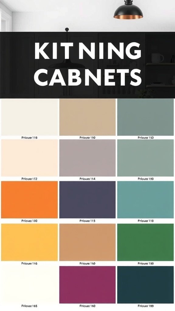 A selection of paint colors for kitchen cabinets, showcasing various shades from neutral to bold.