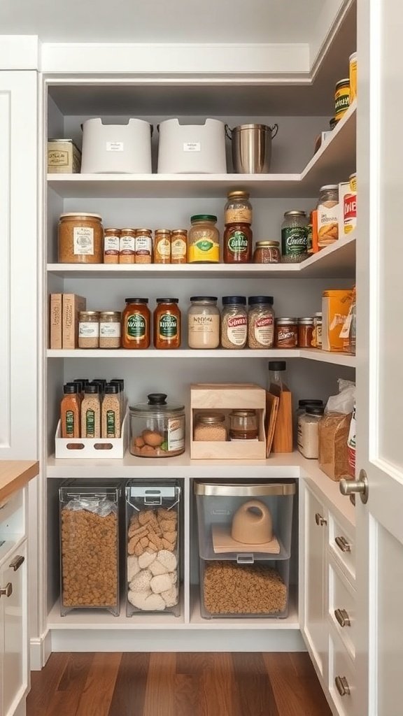 A neatly organized pantry with jars, containers, and spices on shelves.