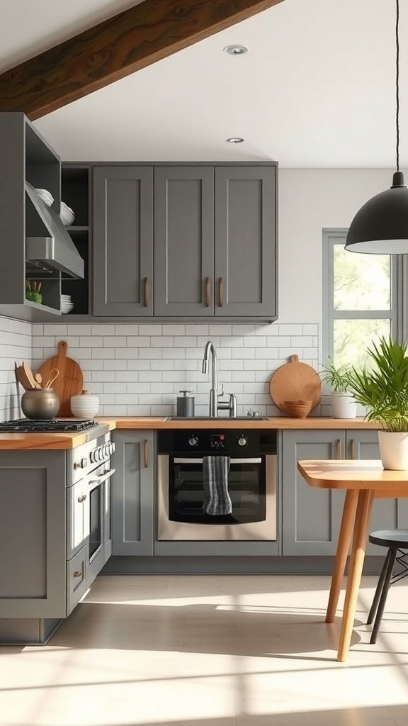 Modern kitchen with gray cabinets, wooden countertops, and stylish decor.