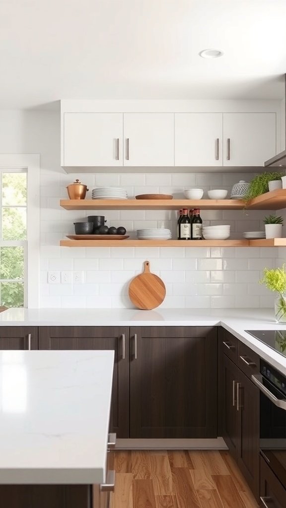 A modern kitchen featuring open shelving with dishware and decorative items.
