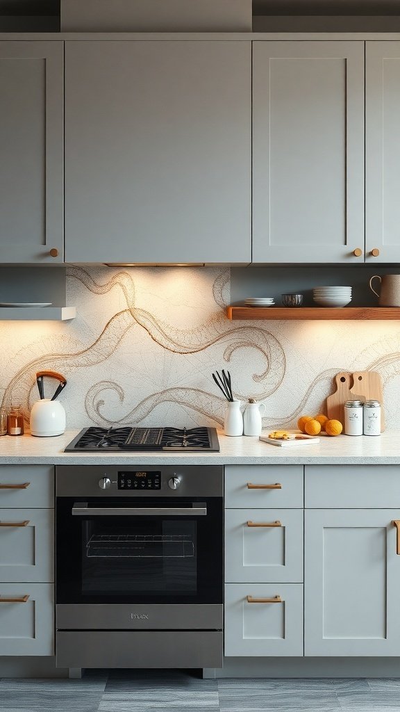 Modern kitchen with artistic backsplash featuring abstract patterns.