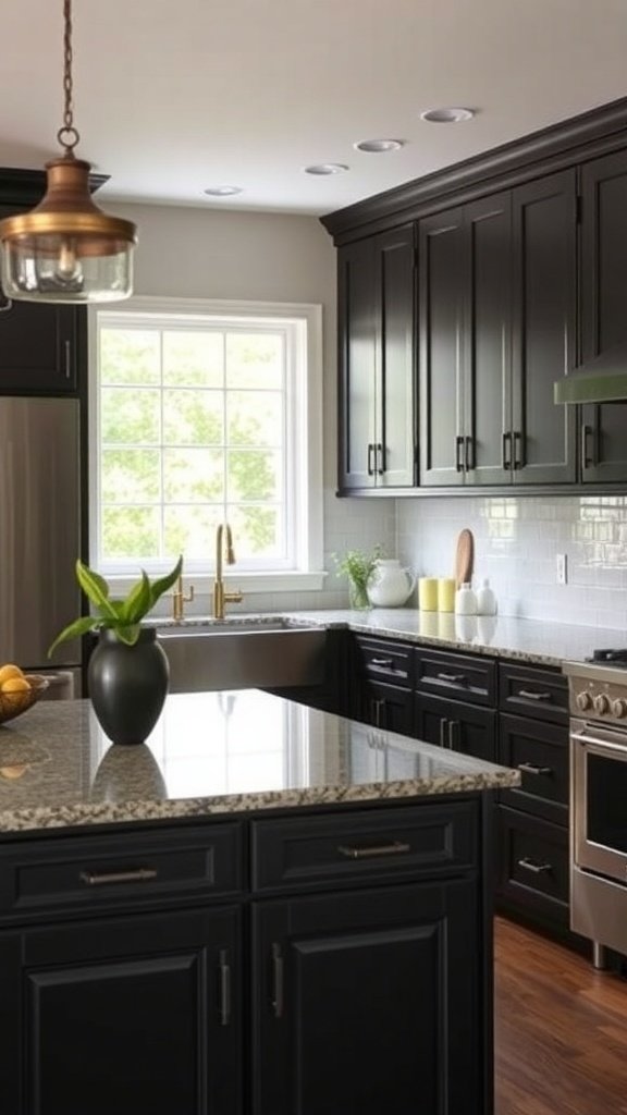 A modern kitchen featuring black cabinets, granite countertops, and warm wood flooring.