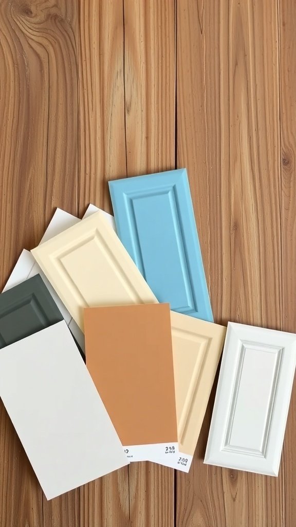 Color samples for kitchen cabinets on a wooden surface
