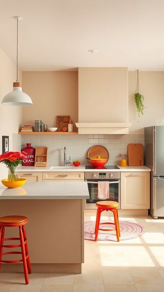A beige kitchen featuring red stools, colorful accessories, and a bright atmosphere.