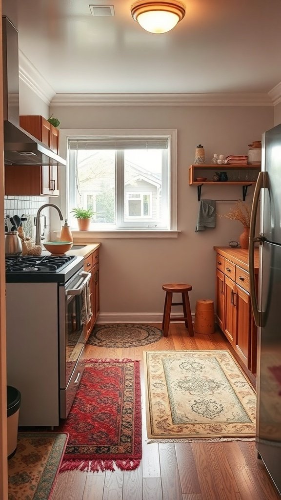 A small kitchen with wooden cabinets, featuring two area rugs in different colors, creating defined zones.