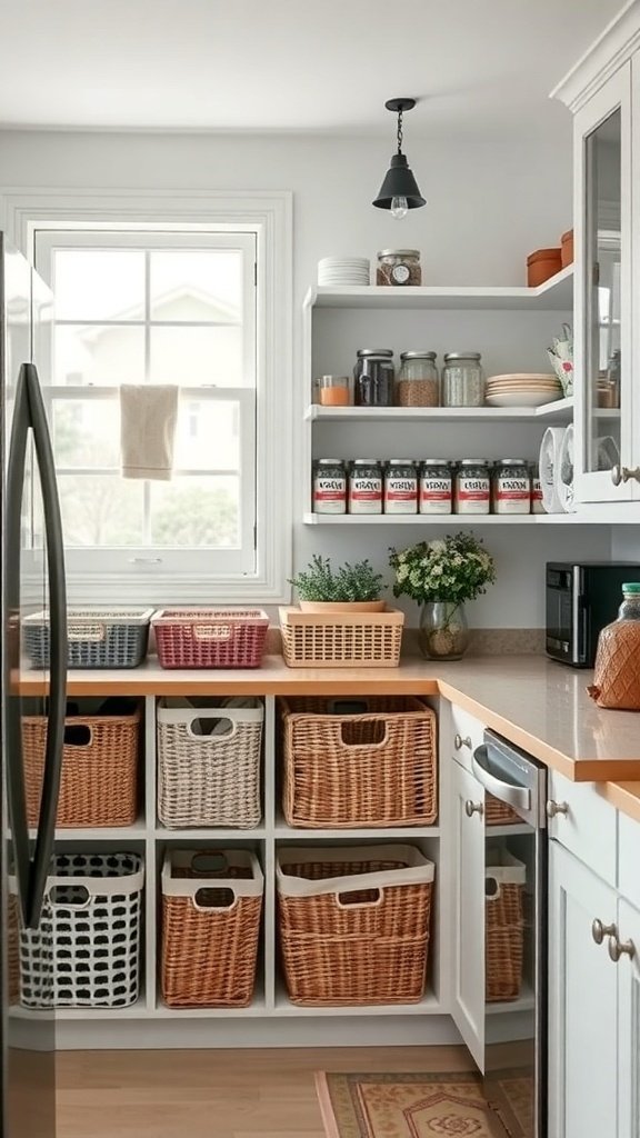 A well-organized kitchen featuring woven baskets for storage and open shelves displaying jars and containers.