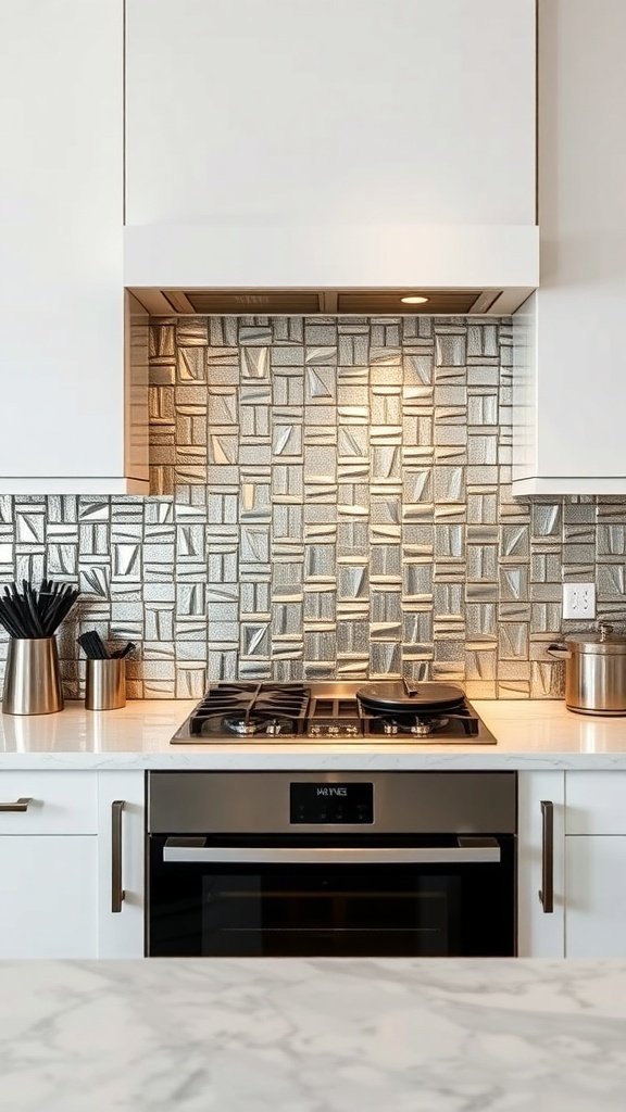 A modern kitchen with a metallic tile backsplash featuring a textured pattern, white cabinets, and a marble countertop.