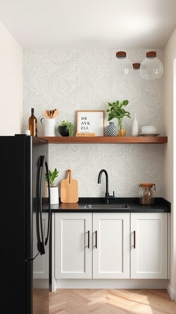 A small kitchen featuring textured wall panels, a wooden shelf with plants, and modern appliances.