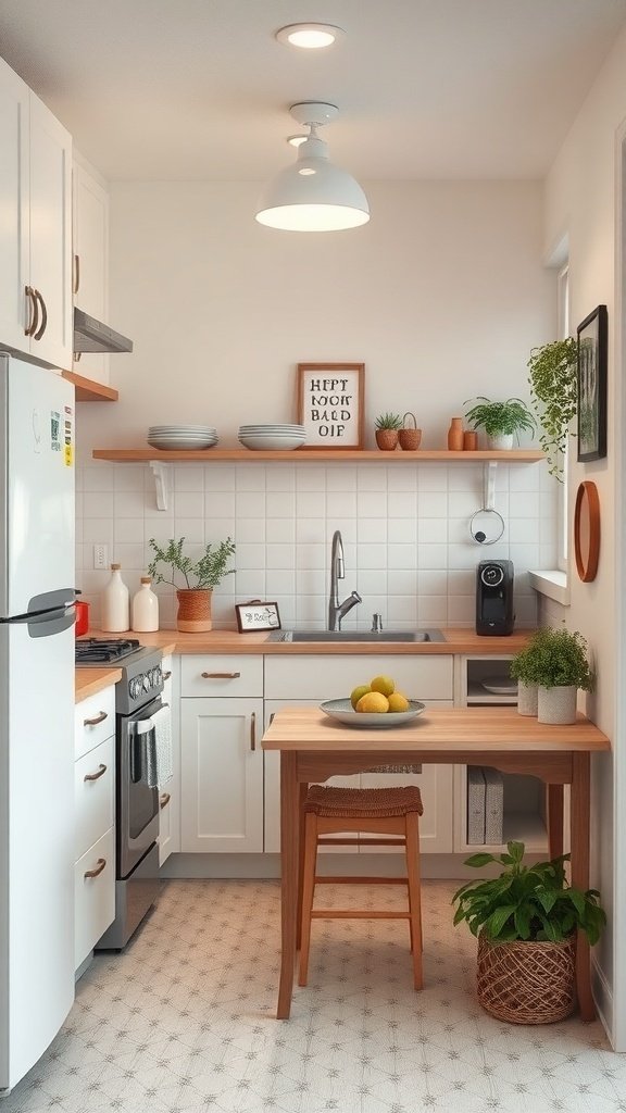 A small kitchen featuring white cabinets, wooden accents, and plants, creating a bright and inviting atmosphere.
