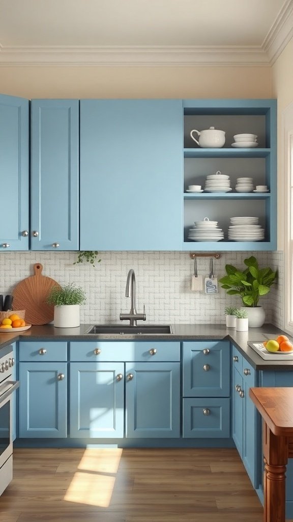 A bright kitchen featuring blue cabinets and open shelving with white dishes.