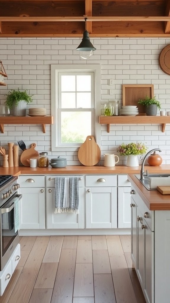 A modern farmhouse kitchen featuring white cabinets, wooden countertops, and open shelving with plants and kitchenware.