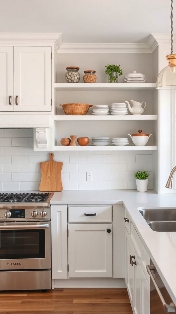 A bright kitchen featuring white painted cabinets and open shelving displaying dishes and decorative items.
