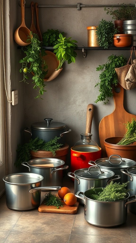 A cozy kitchen corner with pots, fresh herbs, and wooden utensils.